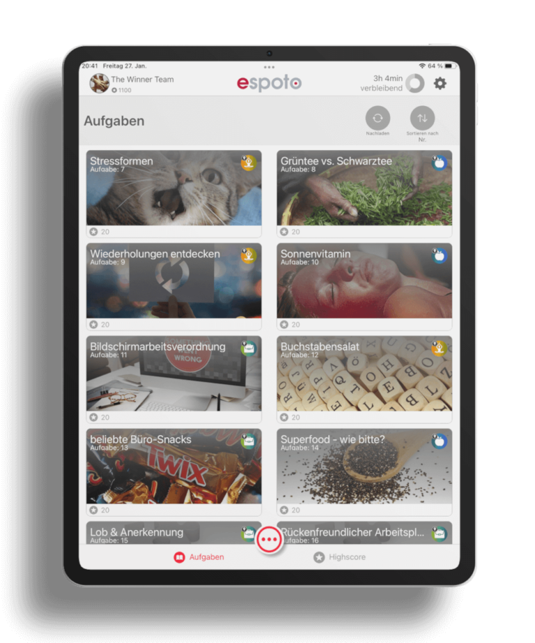 aufgabenliste der espoto serious games quiz app auf dem ipad