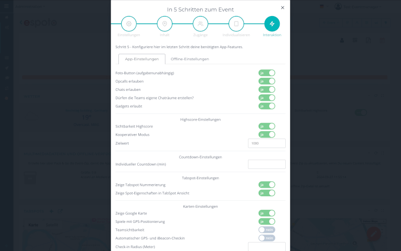 event einstellungen app features